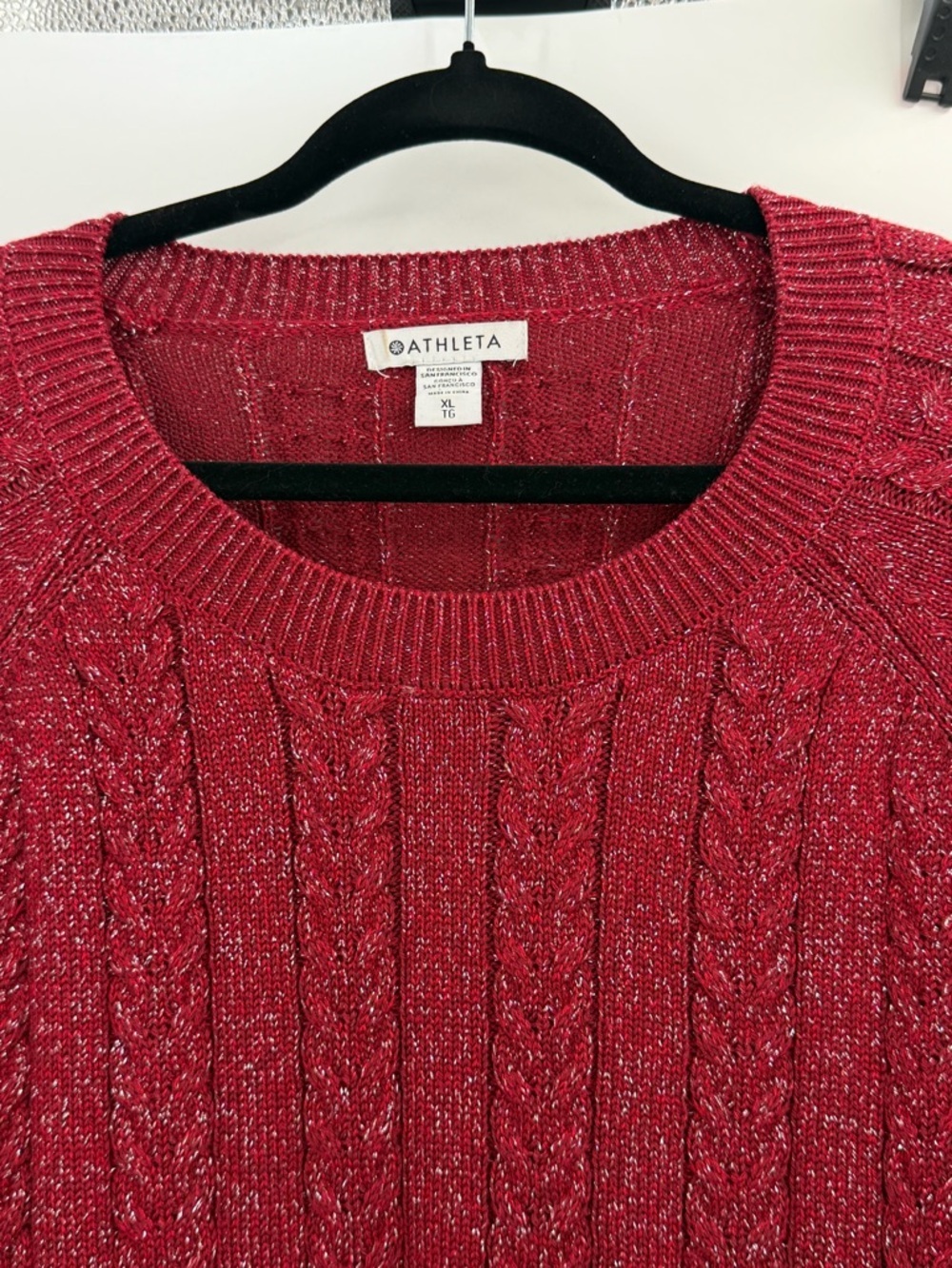 Athleta Crossroads Crew Sweater Red Metallic Cable Knit Cozy XL Holiday Luxe - Picture 12 of 14